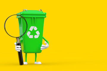 Recycle Sign Green Garbage Trash Bin Character Mascot with Magnifying Glass. 3d Rendering