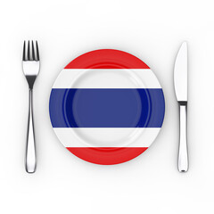 Thailand Food or Cuisine Concept. Fork, Knife and Plate with Thai Flag. 3d Rendering