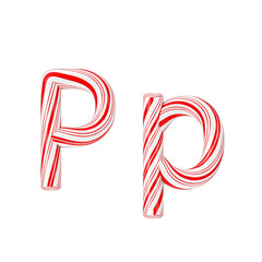 Fototapeta premium Letter P Mint Candy Cane Alphabet Collection Striped in Red Christmas Colour . 3d Rendering