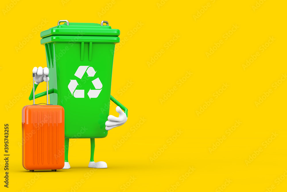 Poster Recycle Sign Green Garbage Trash Bin Character Mascot with Orange Travel Suitcase. 3d Rendering