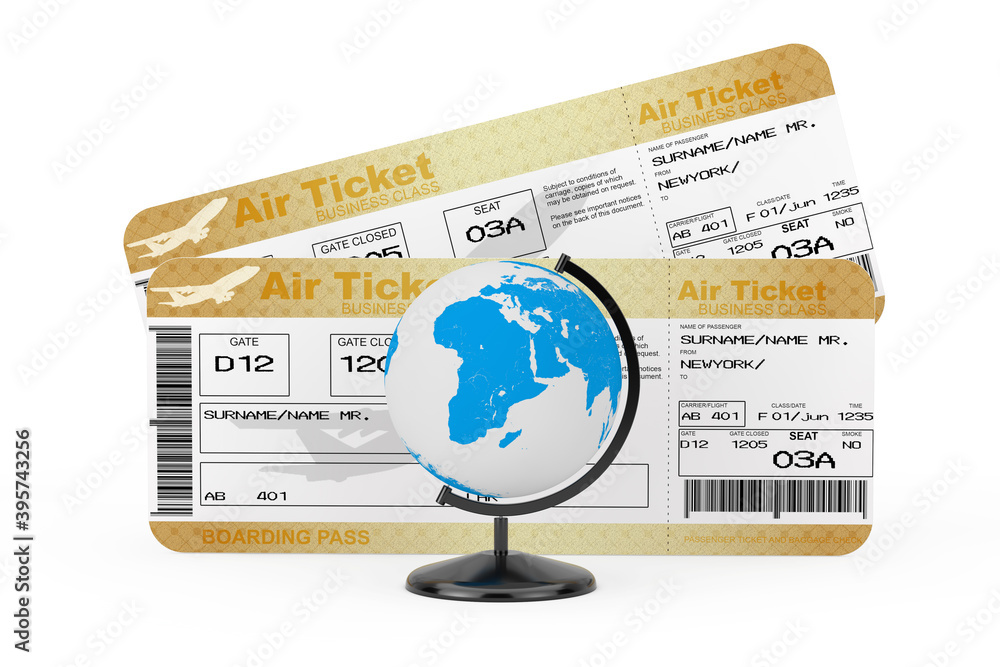 Poster desk earth globe in front of two golden business or first class airline boarding pass fly air ticket