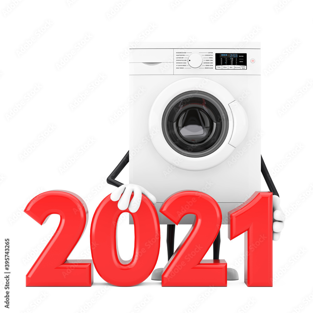 Aufkleber modern white washing machine character mascot with 2021 new year sign. 3d rendering