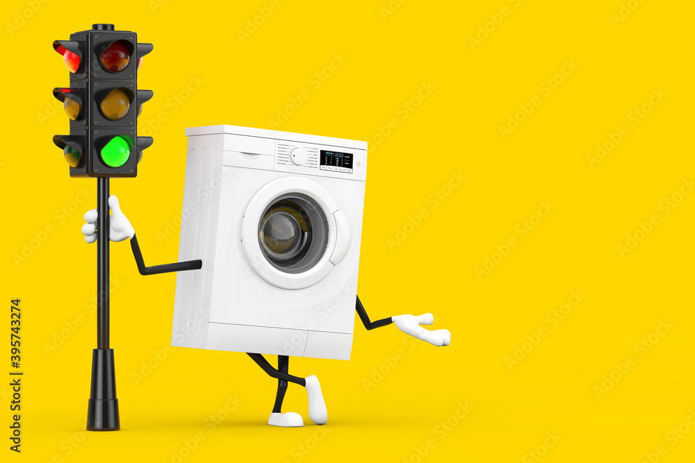 Poster modern white washing machine character mascot with traffic green light. 3d rendering