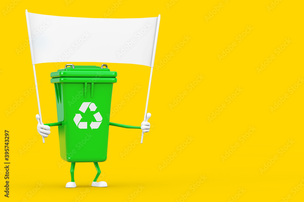 Leinwandbilder recycle sign green garbage trash bin character mascot and empty white blank banner with free space f