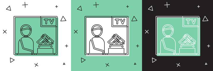 Set Television advertising weapon icon isolated on white and green, black background. Police or military handgun. Small firearm. Vector.