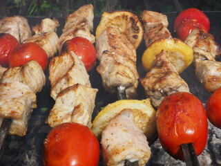 pork kebabs with tomatoes and lemon grilled on the grill.