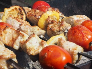 pork kebabs with tomatoes and lemon grilled on the grill.