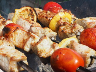 pork kebabs with tomatoes and lemon grilled on the grill.