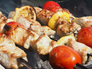 pork kebabs with tomatoes and lemon with a delicious crust. cooking on the grill.
