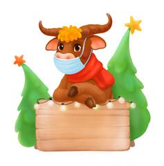 Bull in a mask. Christmas illustration
