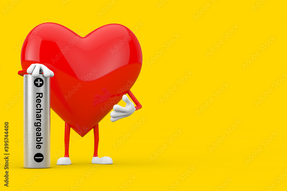 Poster red heart character mascot with rechargeable battery. 3d rendering
