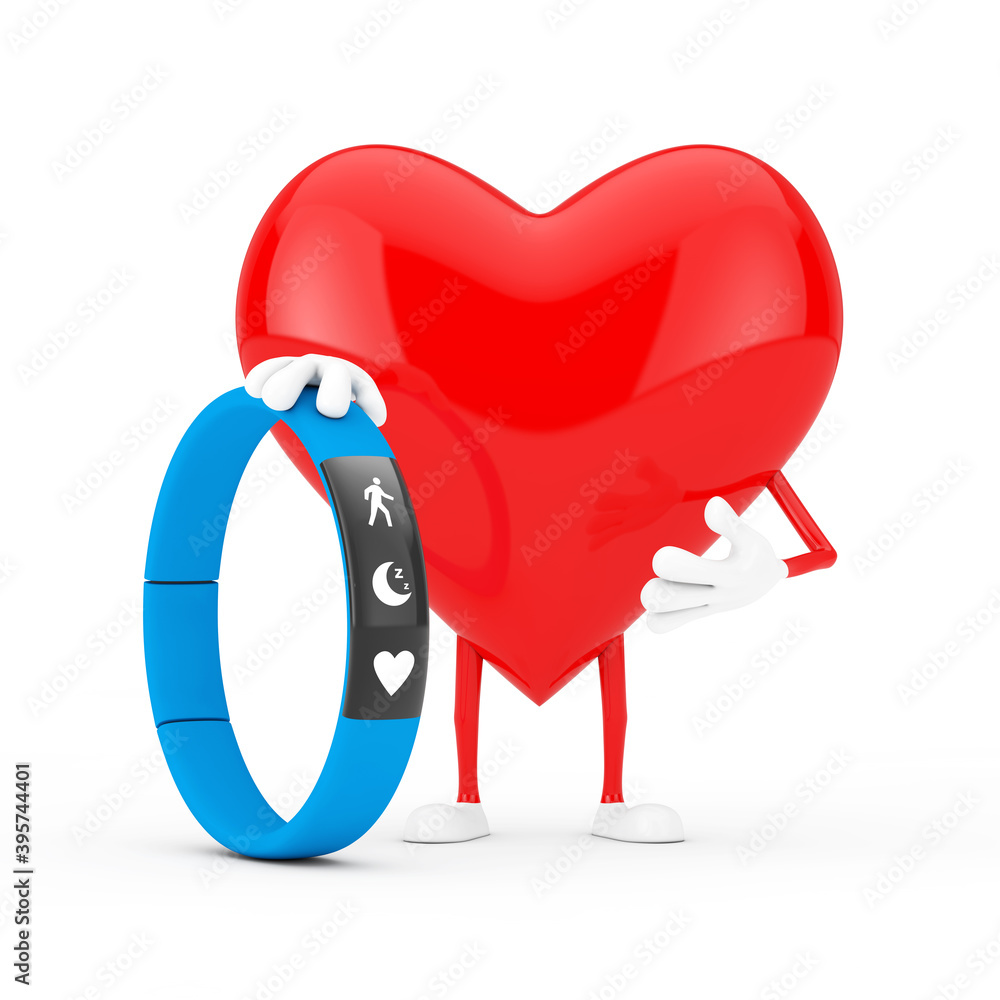 Poster red heart character mascot with blue fitness tracker. 3d rendering