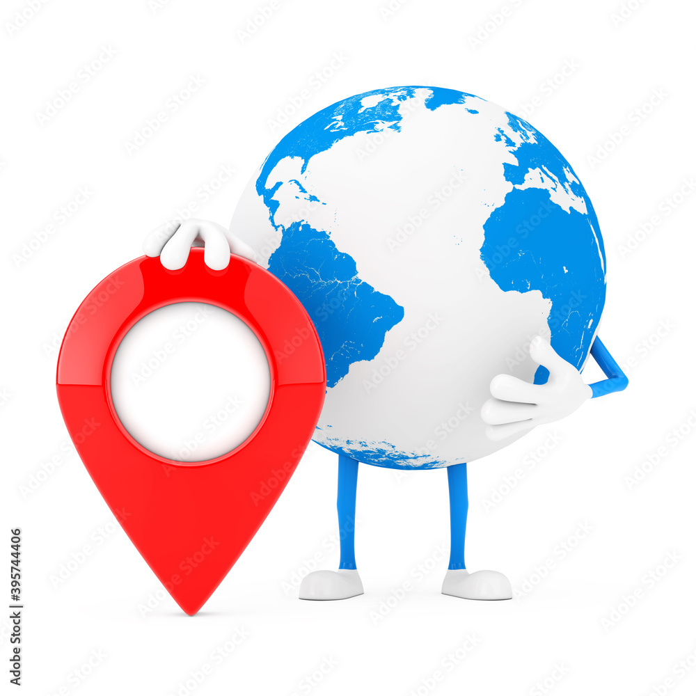 Fototapete Earth Globe Character Mascot with Red Map Pointer Target Pin. 3d Rendering