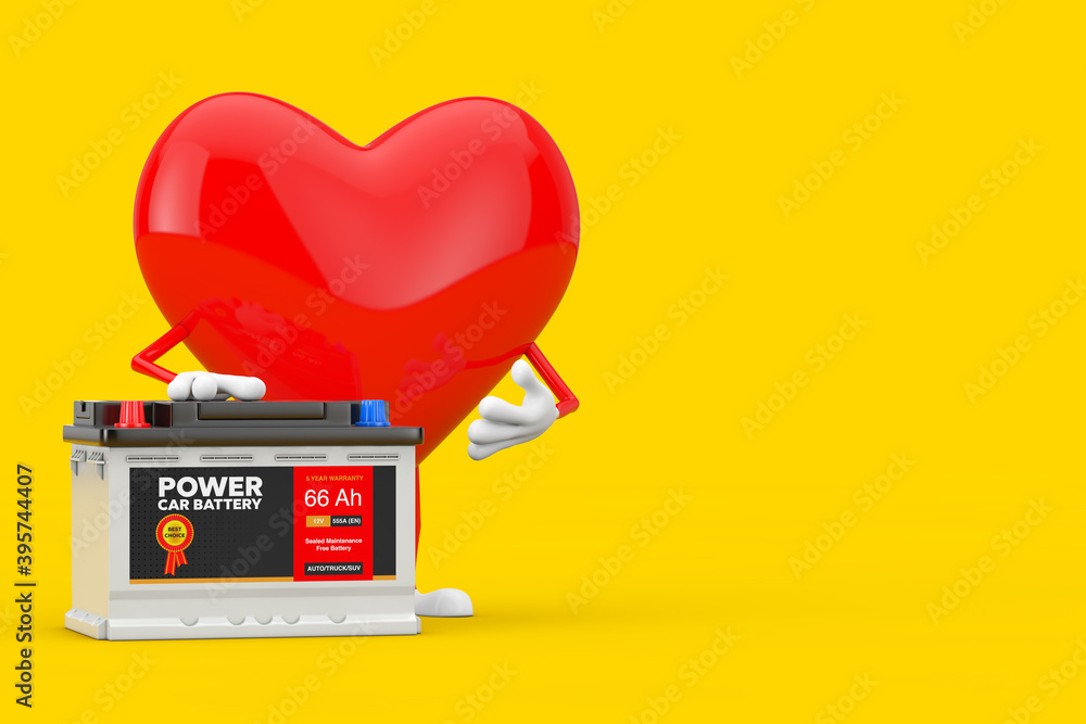Poster red heart character mascot and rechargeable car battery 12v accumulator with abstract label. 3d rend