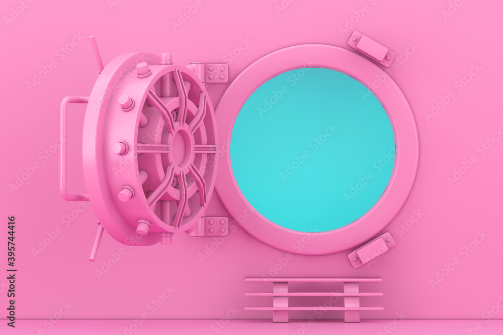 Poster opened pink bank safe vault door mock up in duotone style. 3d rendering