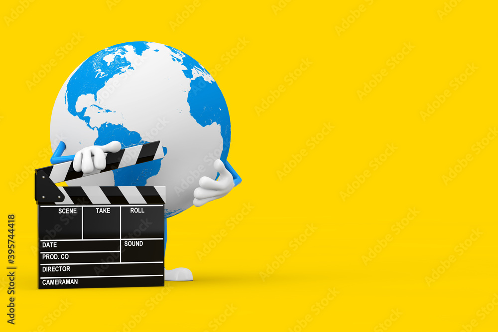 Poster earth globe character mascot with movie clapper board. 3d rendering