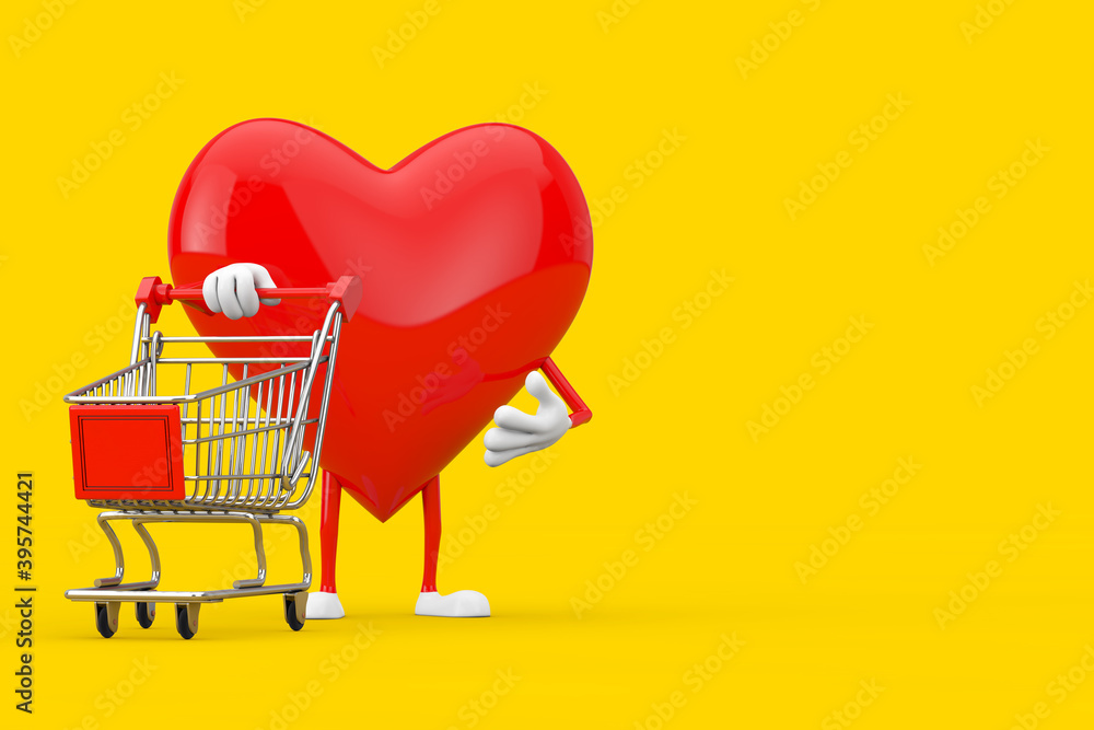 Poster red heart character mascot with shopping cart trolley. 3d rendering