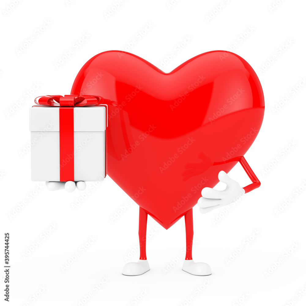 Aufkleber red heart character mascot with gift box and red ribbon. 3d rendering