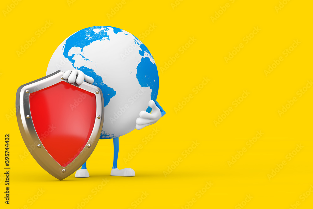 Poster Earth Globe Character Mascot with Red Metal Protection Shield. 3d Rendering