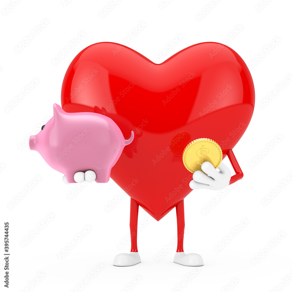Poster red heart character mascot with piggy bank and golden dollar coin. 3d rendering