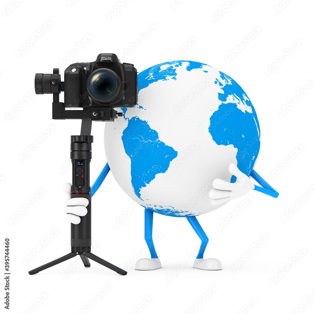 Aufkleber Earth Globe Character Mascot with DSLR or Video Camera Gimbal Stabilization Tripod System. 3d Rendering
