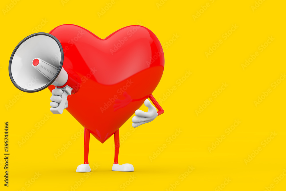 Poster red heart character mascot with red retro megaphone. 3d rendering