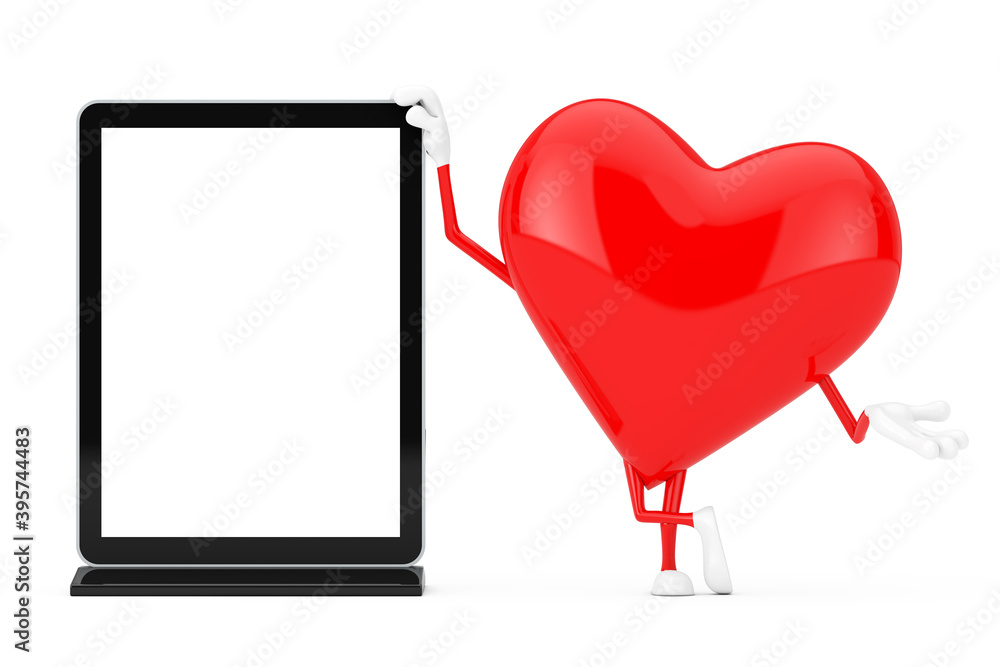 Poster red heart character mascot with blank trade show lcd screen stand as template for your design. 3d re