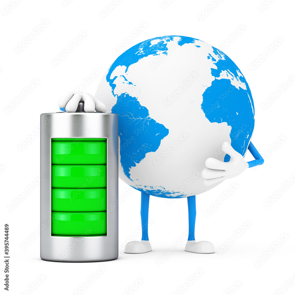 Poster earth globe character mascot with abstract charging battery. 3d rendering