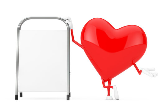 Red Heart Character Mascot with White Blank Advertising Promotion Stand. 3d Rendering
