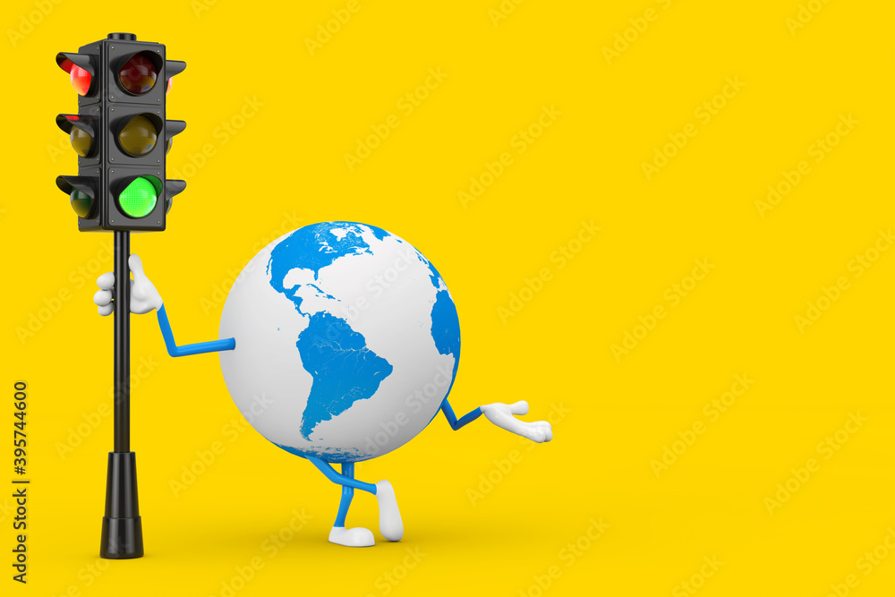 Poster earth globe character mascot with traffic green light. 3d rendering