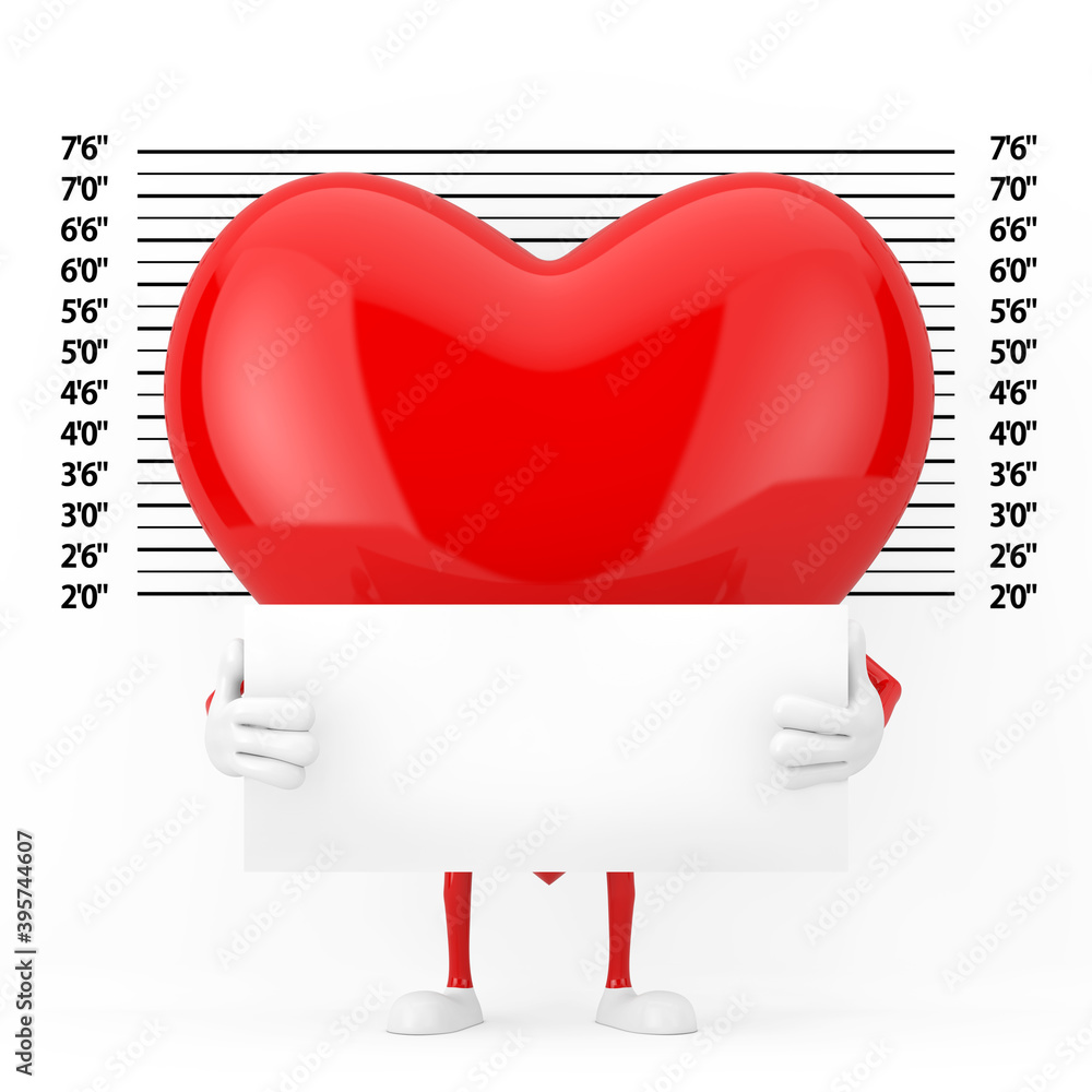 Poster red heart character mascot with identification plate in front of police lineup or mugshot background