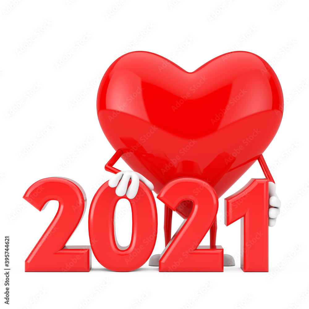 Poster red heart character mascot with 2021 new year sign. 3d rendering