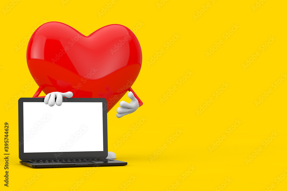 Fototapete red heart character mascot and modern laptop computer with white screen for your design. 3d renderin