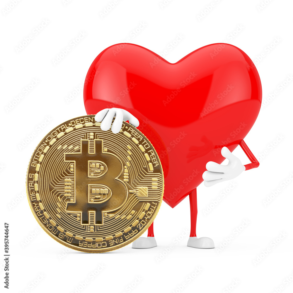 Aufkleber Red Heart Character Mascot with Digital and Cryptocurrency Golden Bitcoin Coin. 3d Rendering