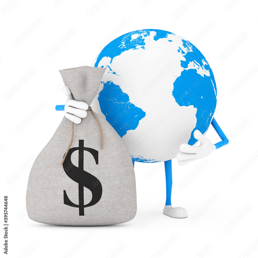 Aufkleber earth globe character mascot and modern mobile phone and tied rustic canvas linen money sack or mone