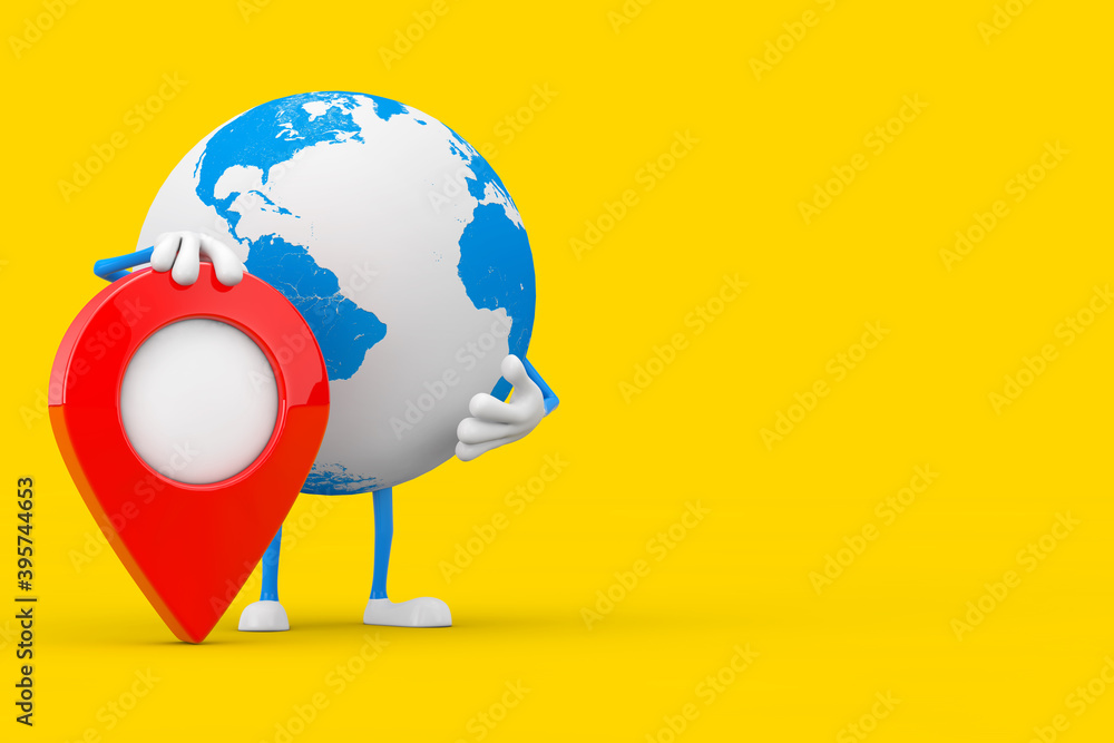 Poster earth globe character mascot with red map pointer target pin. 3d rendering