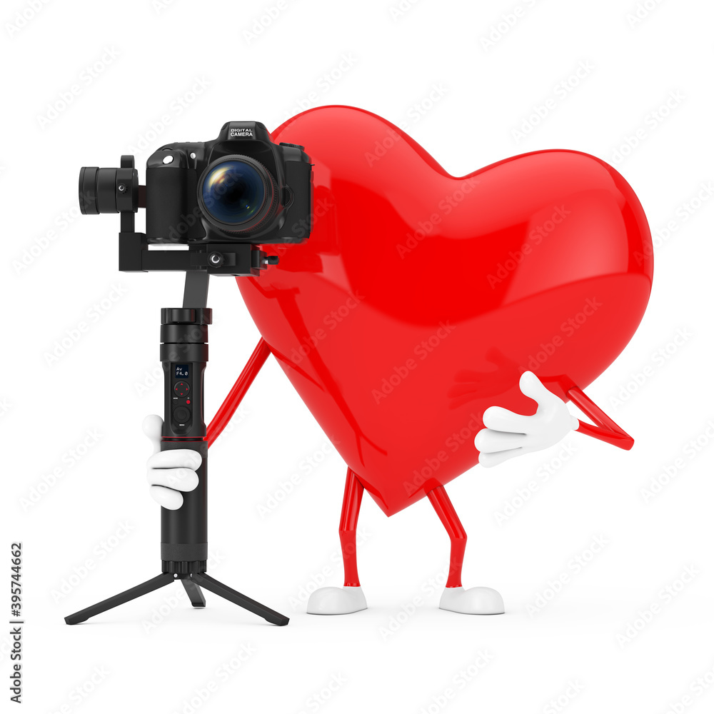 Aufkleber Red Heart Character Mascot with DSLR or Video Camera Gimbal Stabilization Tripod System. 3d Rendering
