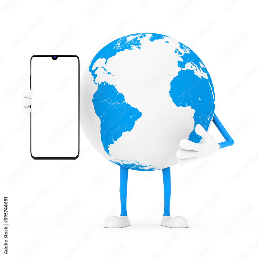 Poster earth globe character mascot and modern mobile phone with blank screen for your design. 3d rendering