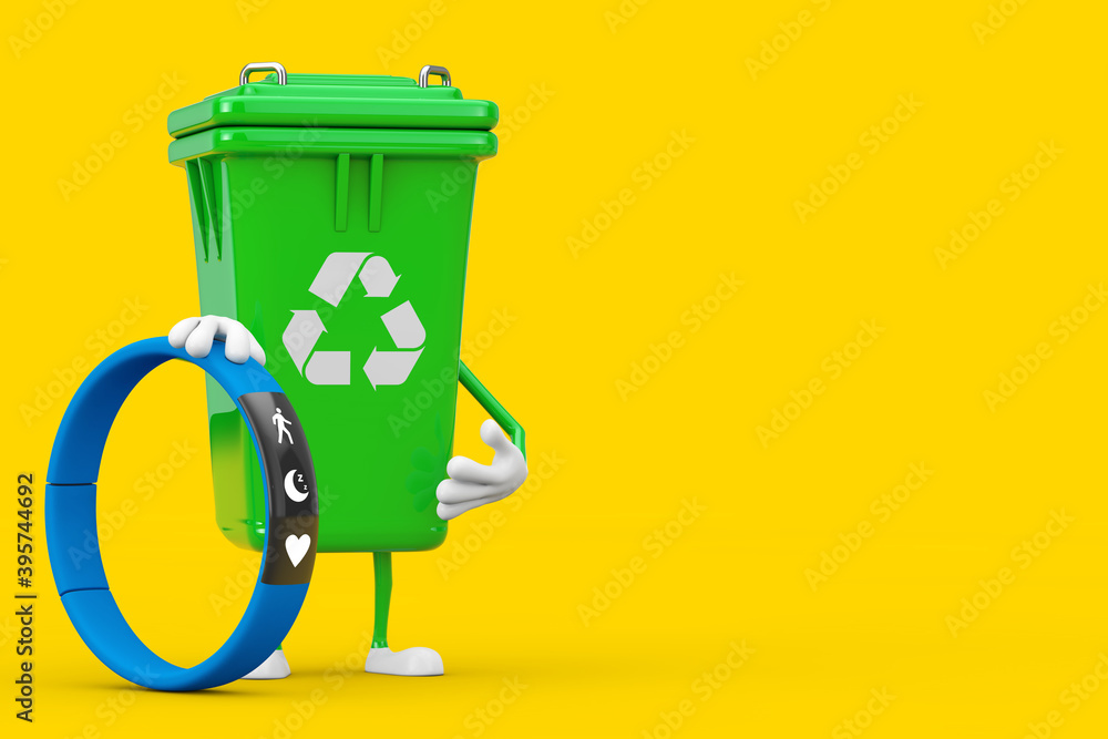 Poster recycle sign green garbage trash bin character mascot with blue fitness tracker. 3d rendering