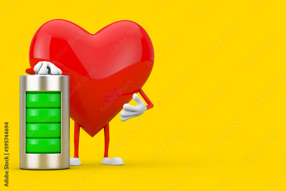 Poster Red Heart Character Mascot with Abstract Charging Battery. 3d Rendering