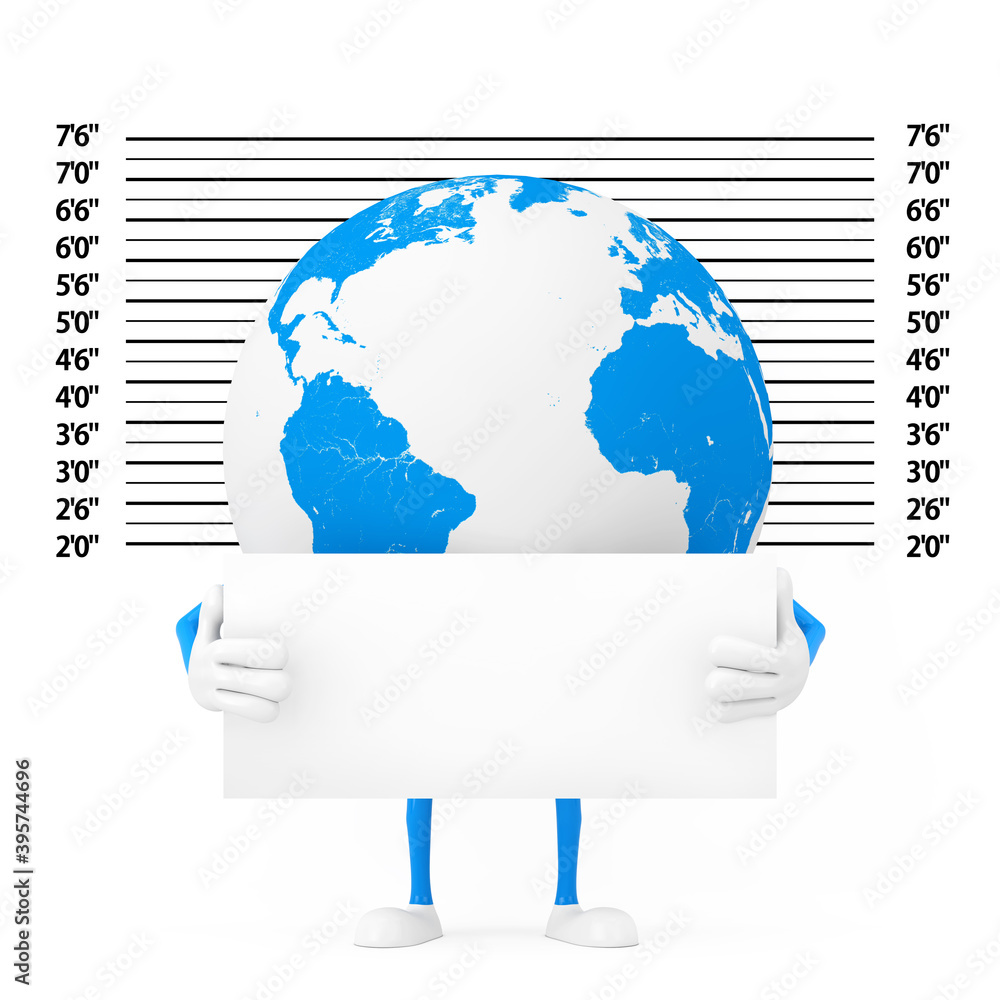 Poster Earth Globe Character Mascot with Identification Plate in front of Police Lineup or Mugshot Background. 3d Rendering