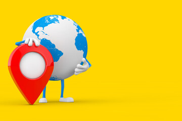 Earth Globe Character Mascot with Red Map Pointer Target Pin. 3d Rendering