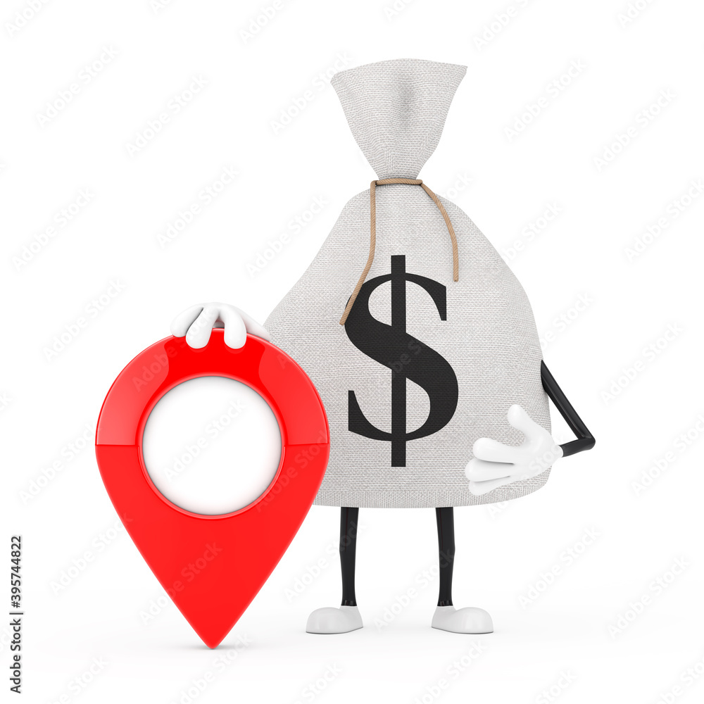 Poster tied rustic canvas linen money sack or money bag with map pointer target pin. 3d rendering