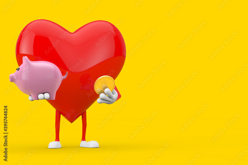 Poster red heart character mascot with piggy bank and golden dollar coin. 3d rendering