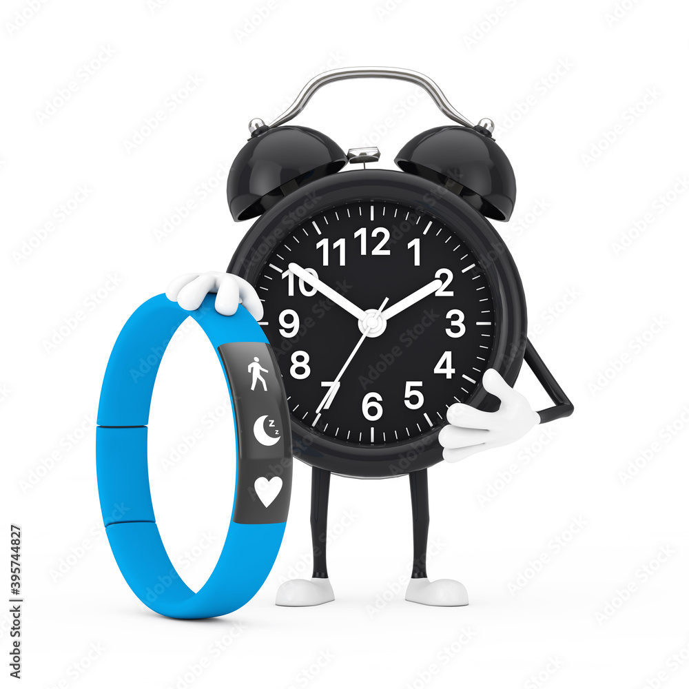 Poster alarm clock character mascot with blue fitness tracker. 3d rendering