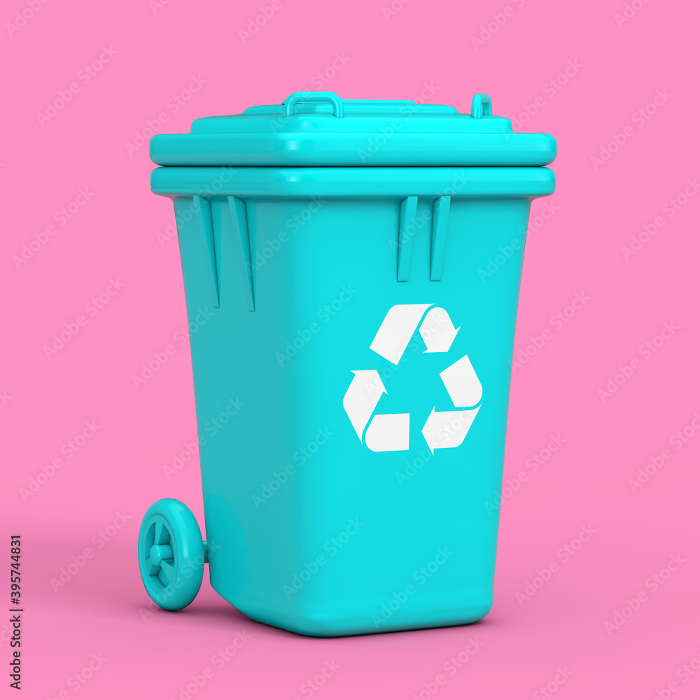 Poster recycle sign blue garbage trash bin in duotone style. 3d rendering