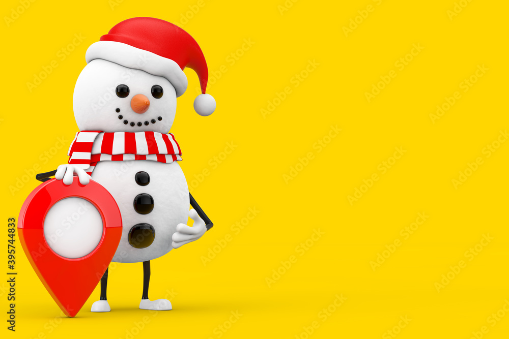 Fototapete Snowman in Santa Claus Hat Character Mascot with Map Target Pointer Pin. 3d Rendering