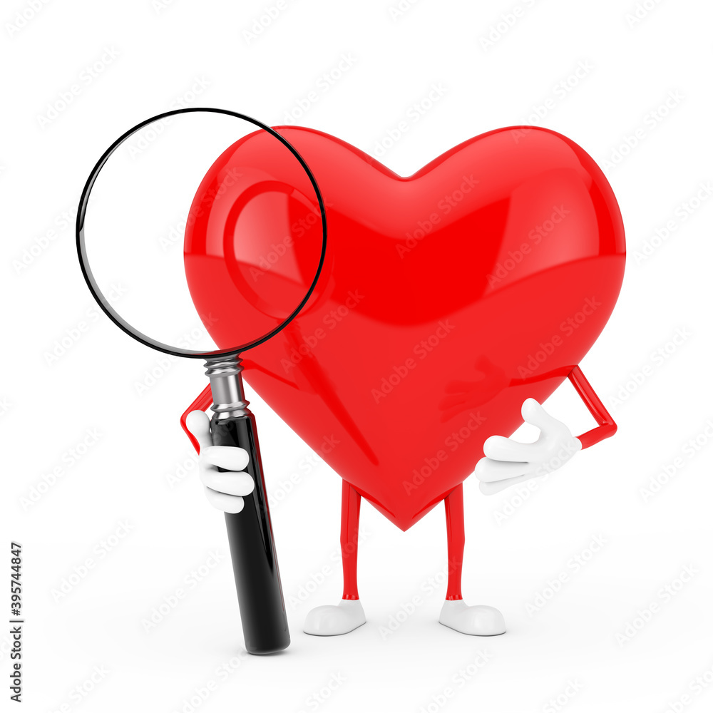 Poster red heart character mascot with magnifying glass. 3d rendering