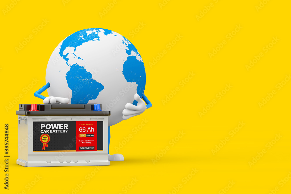 Aufkleber earth globe character mascot and rechargeable car battery 12v accumulator with abstract label. 3d re