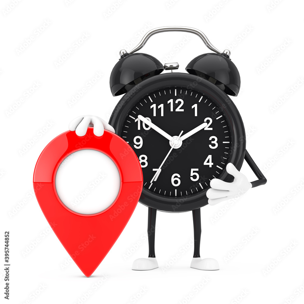 Poster alarm clock character mascot with red target map pointer pin. 3d rendering